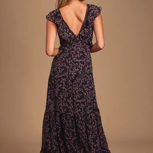 Lulus Navy blue with tiny pink flowers. Maxi length and Material is chiffon.